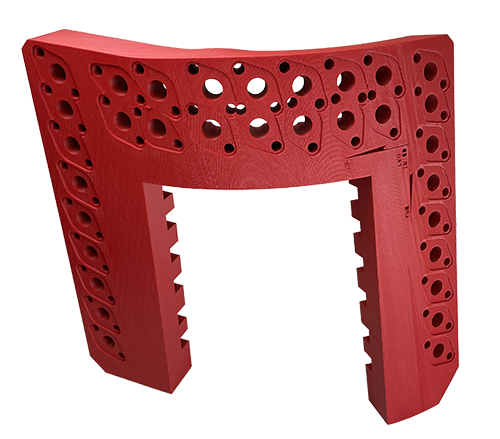 Piros ASA alapanyagból 3D nyomtatott fúrósablon